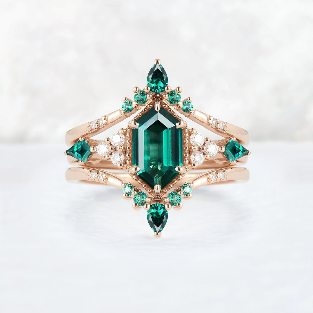 Unique Celtic Hexagon Cut Emerald Enhancer Gemstone Ring Set 2pcs
