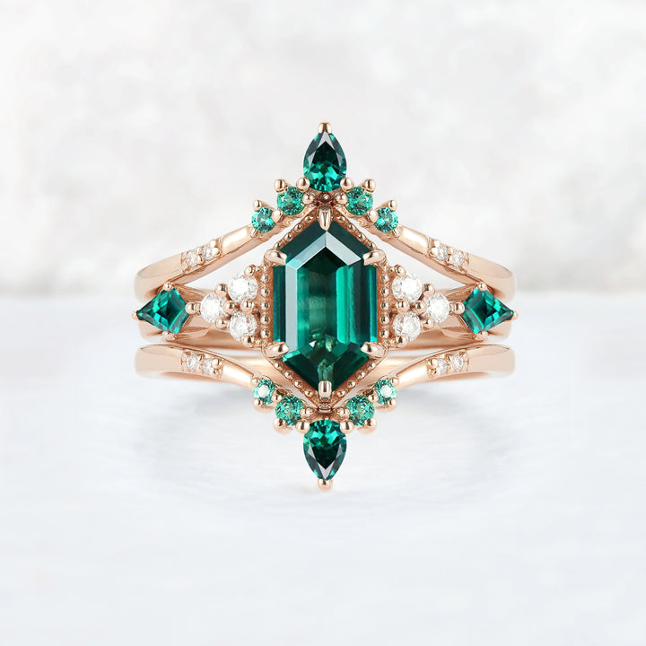 Unique Celtic Hexagon Cut Emerald Enhancer Gemstone Ring Set 2pcs