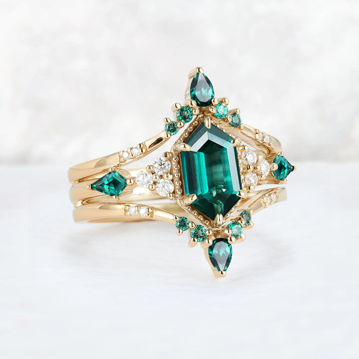 Unique Celtic Hexagon Cut Emerald Enhancer Gemstone Ring Set 2pcs