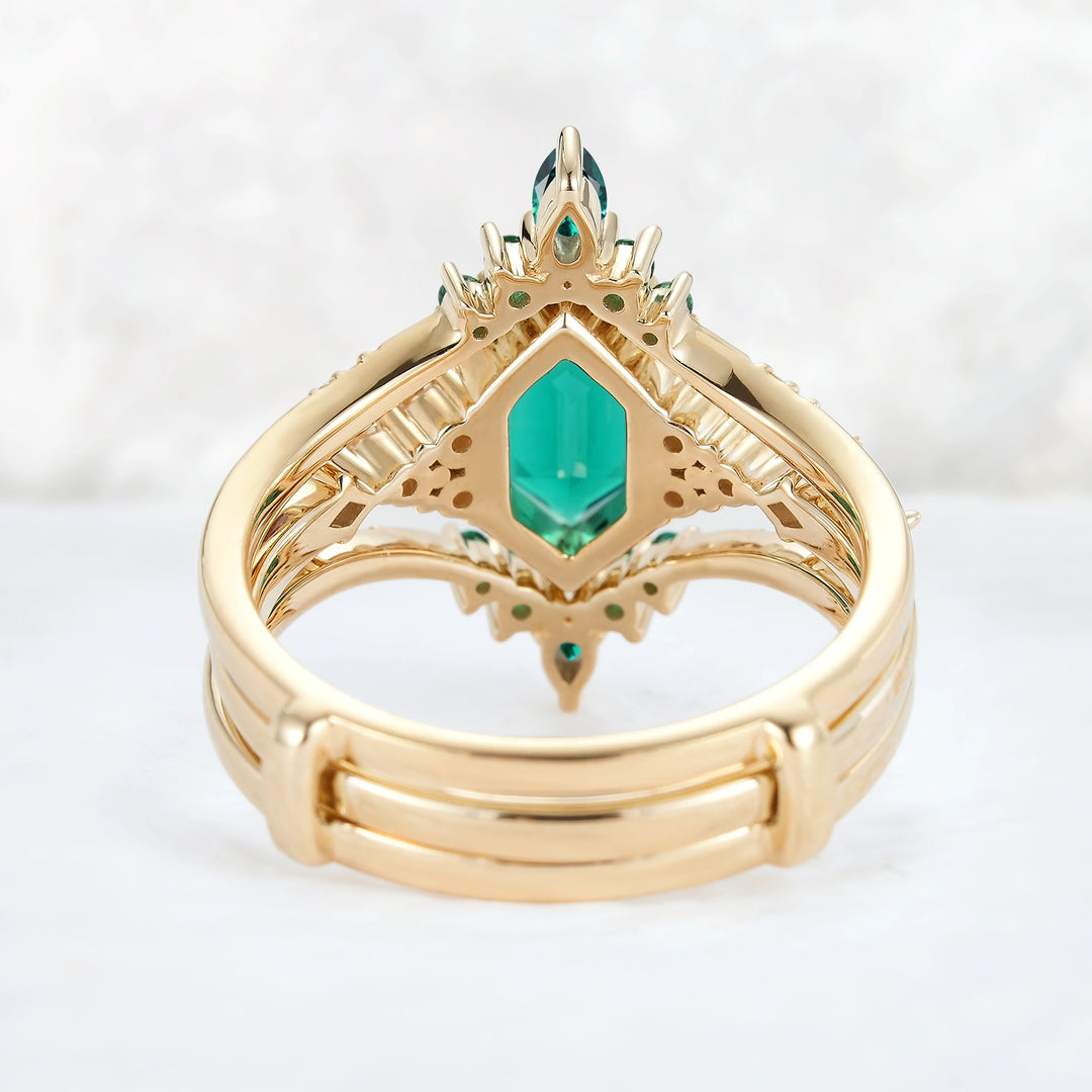 Unique Celtic Hexagon Cut Emerald Enhancer Gemstone Ring Set 2pcs