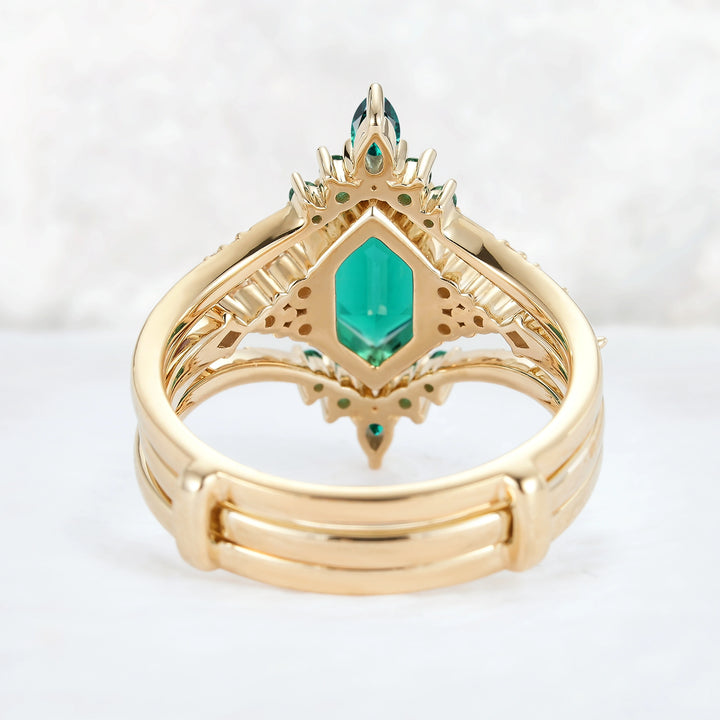 Unique Celtic Hexagon Cut Emerald Enhancer Gemstone Ring Set 2pcs