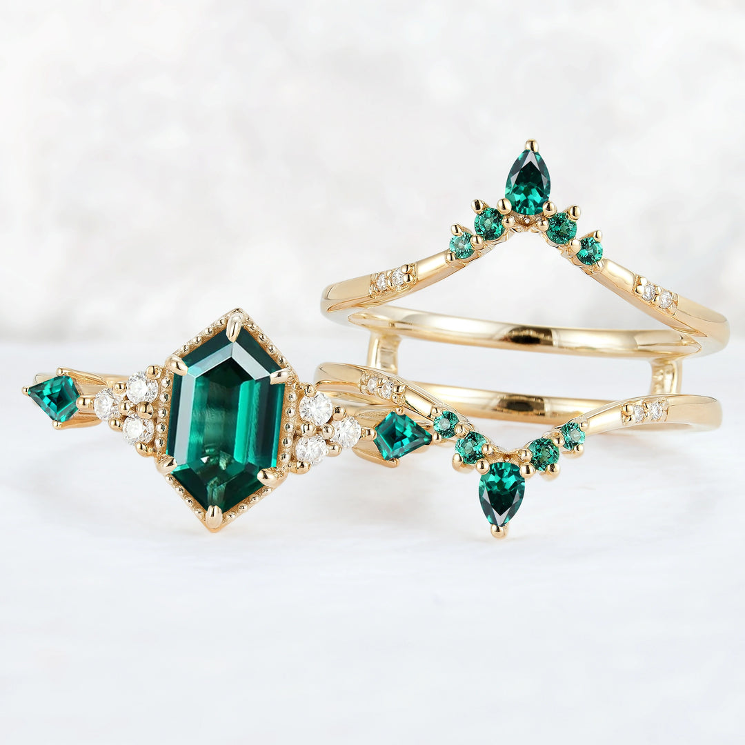 Unique Celtic Hexagon Cut Emerald Enhancer Gemstone Ring Set 2pcs
