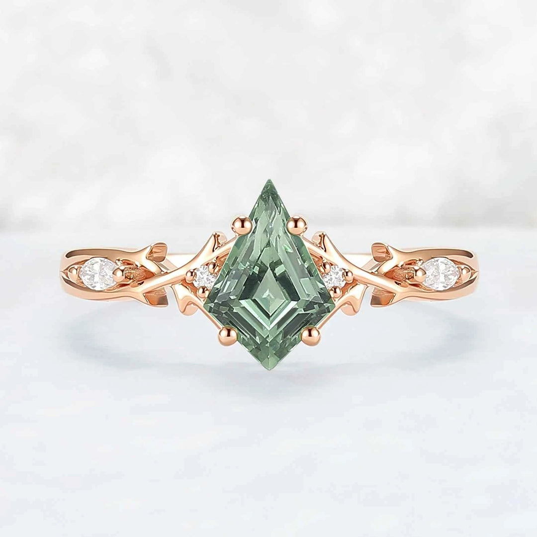 Unique Cluster Kite-Cut Green Sapphire Ring with Vine Band Design