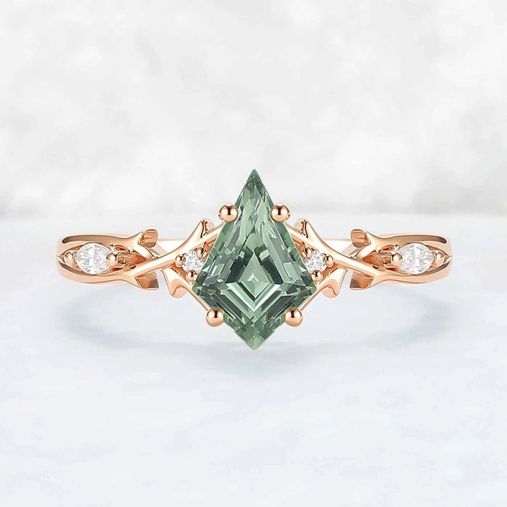 Unique Cluster Kite-Cut Green Sapphire Ring with Vine Band Design