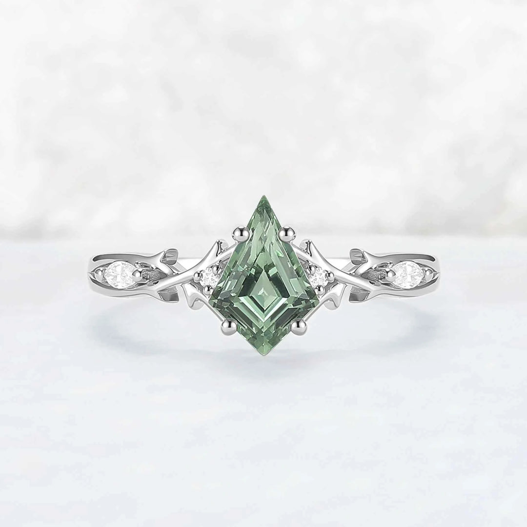 Unique Cluster Kite-Cut Green Sapphire Ring with Vine Band Design