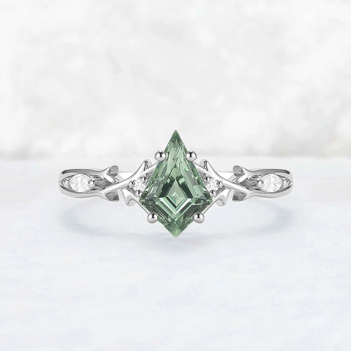 Unique Cluster Kite-Cut Green Sapphire Ring with Vine Band Design