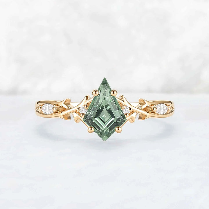 Unique Cluster Kite-Cut Green Sapphire Ring with Vine Band Design