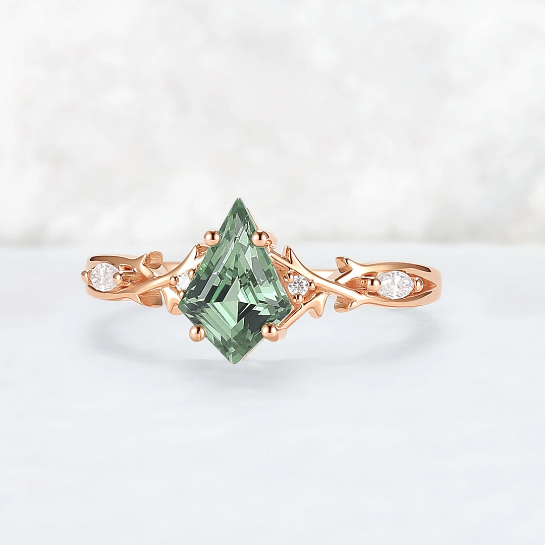 Unique Cluster Kite-Cut Green Sapphire Ring with Vine Band Design