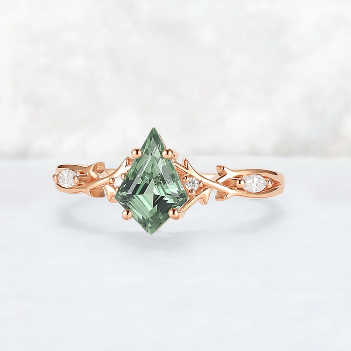Unique Cluster Kite-Cut Green Sapphire Ring with Vine Band Design