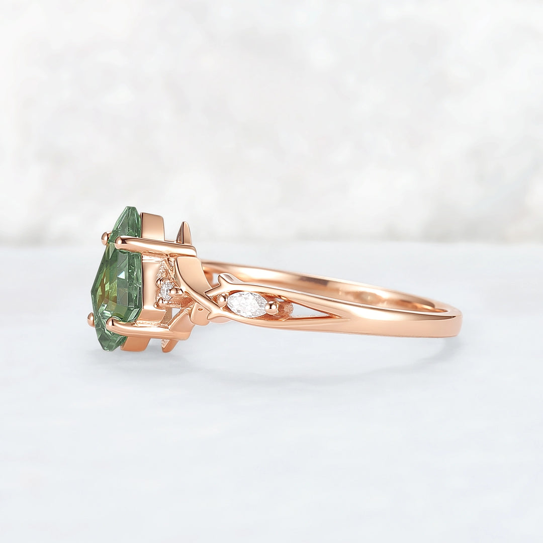 Unique Cluster Kite-Cut Green Sapphire Ring with Vine Band Design