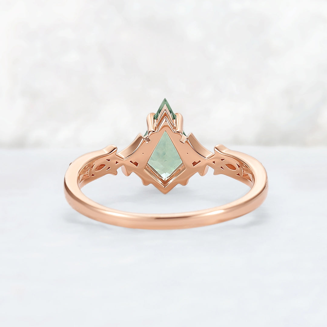 Unique Cluster Kite-Cut Green Sapphire Ring with Vine Band Design