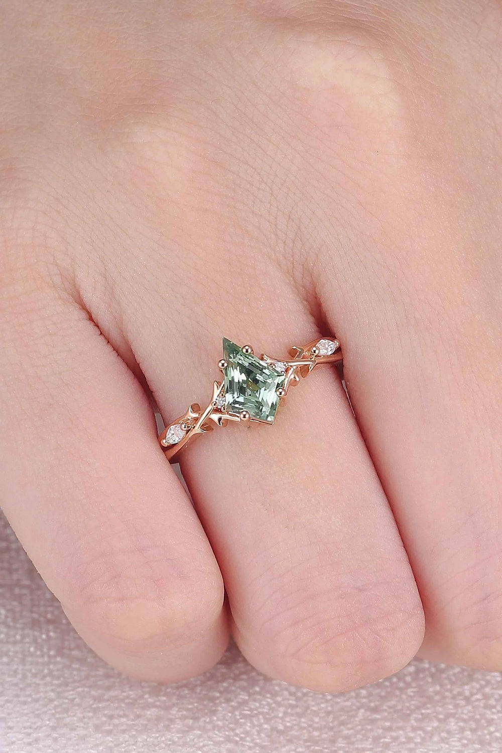 Unique Cluster Kite-Cut Green Sapphire Ring with Vine Band Design
