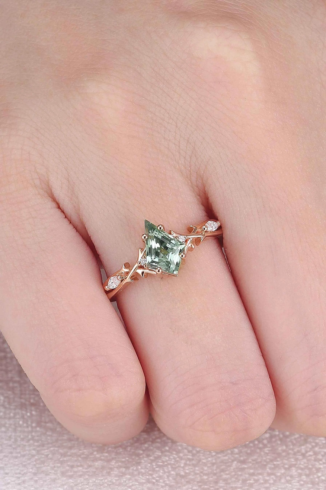 Unique Cluster Kite-Cut Green Sapphire Ring with Vine Band Design