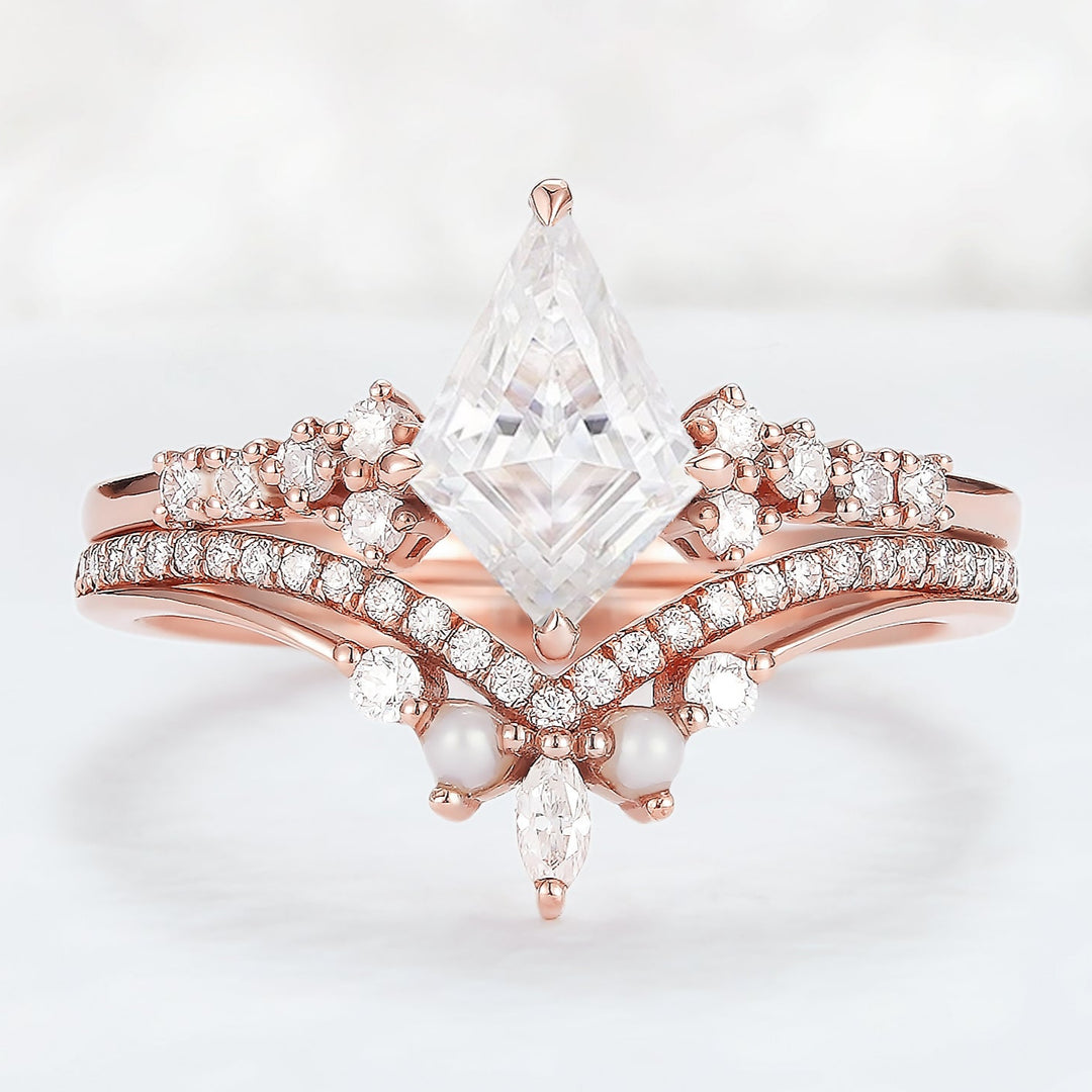 Unique Cut Kite Cut Moissanite Cluster Engagement Ring Set 2pcs