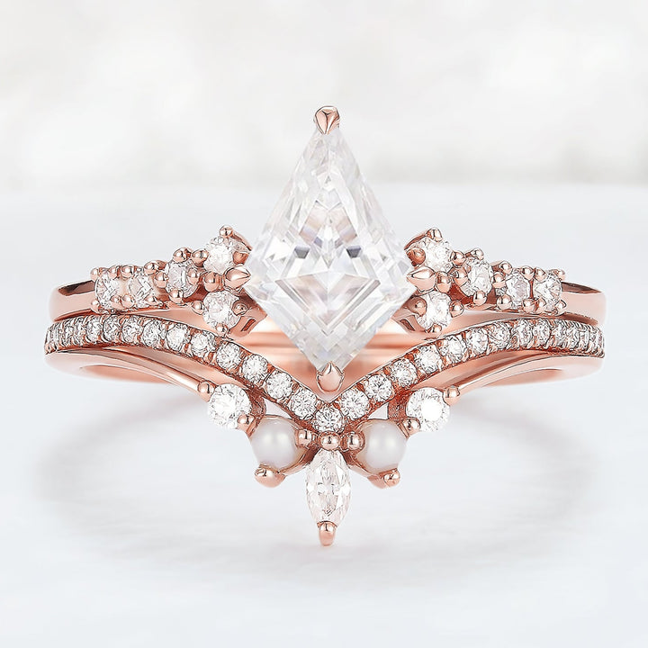 Unique Cut Kite Cut Moissanite Cluster Engagement Ring Set 2pcs
