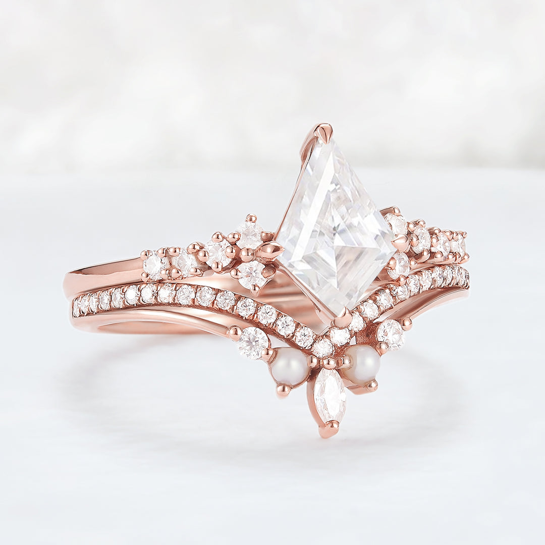 Unique Cut Kite Cut Moissanite Cluster Engagement Ring Set 2pcs
