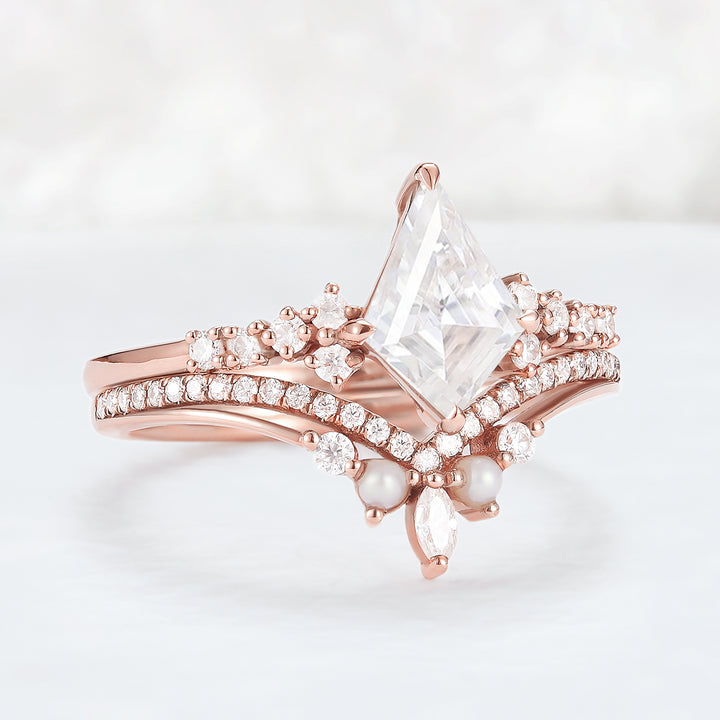 Unique Cut Kite Cut Moissanite Cluster Engagement Ring Set 2pcs