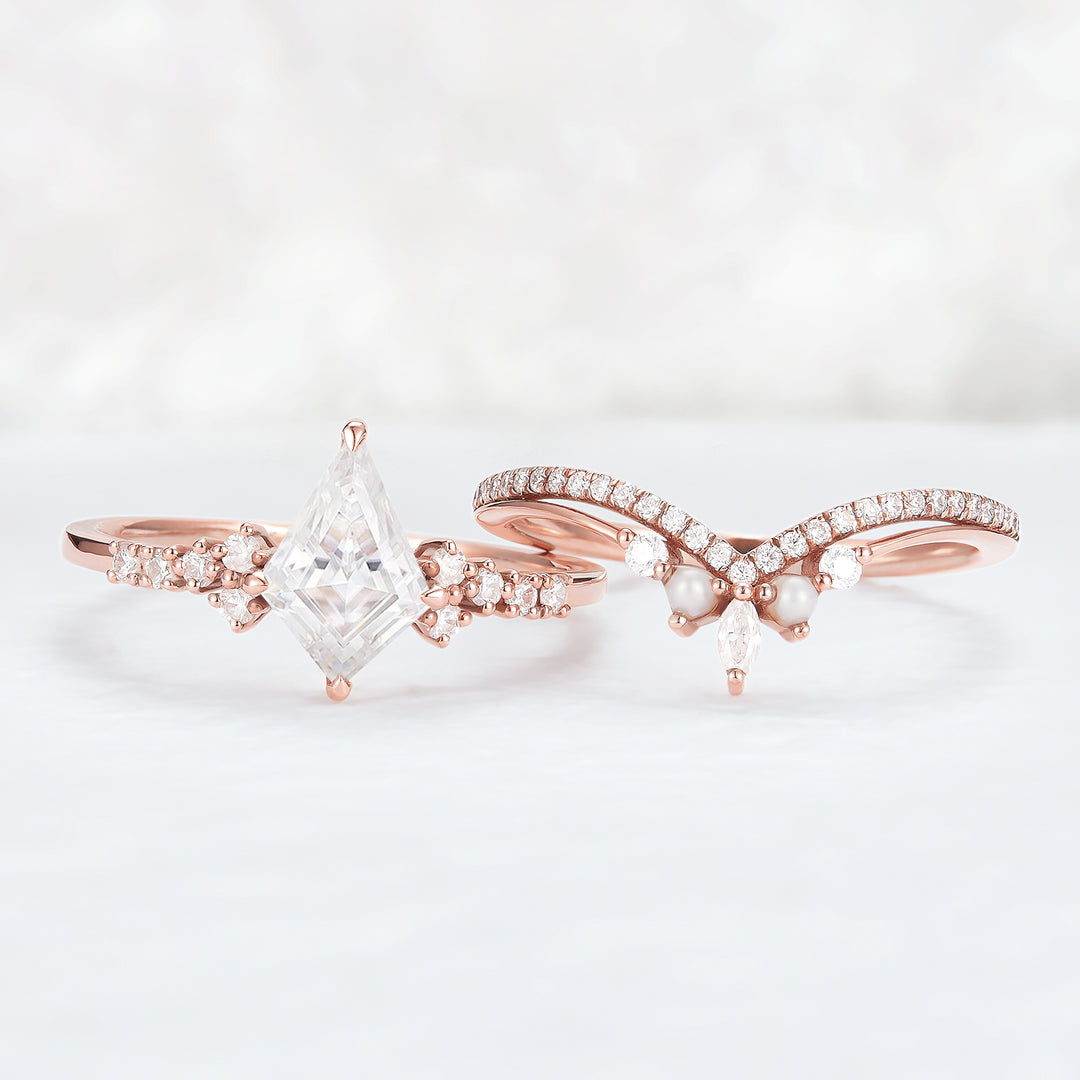 Unique Cut Kite Cut Moissanite Cluster Engagement Ring Set 2pcs