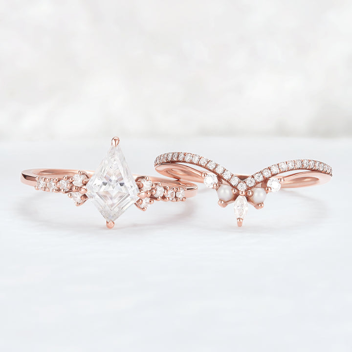 Unique Cut Kite Cut Moissanite Cluster Engagement Ring Set 2pcs