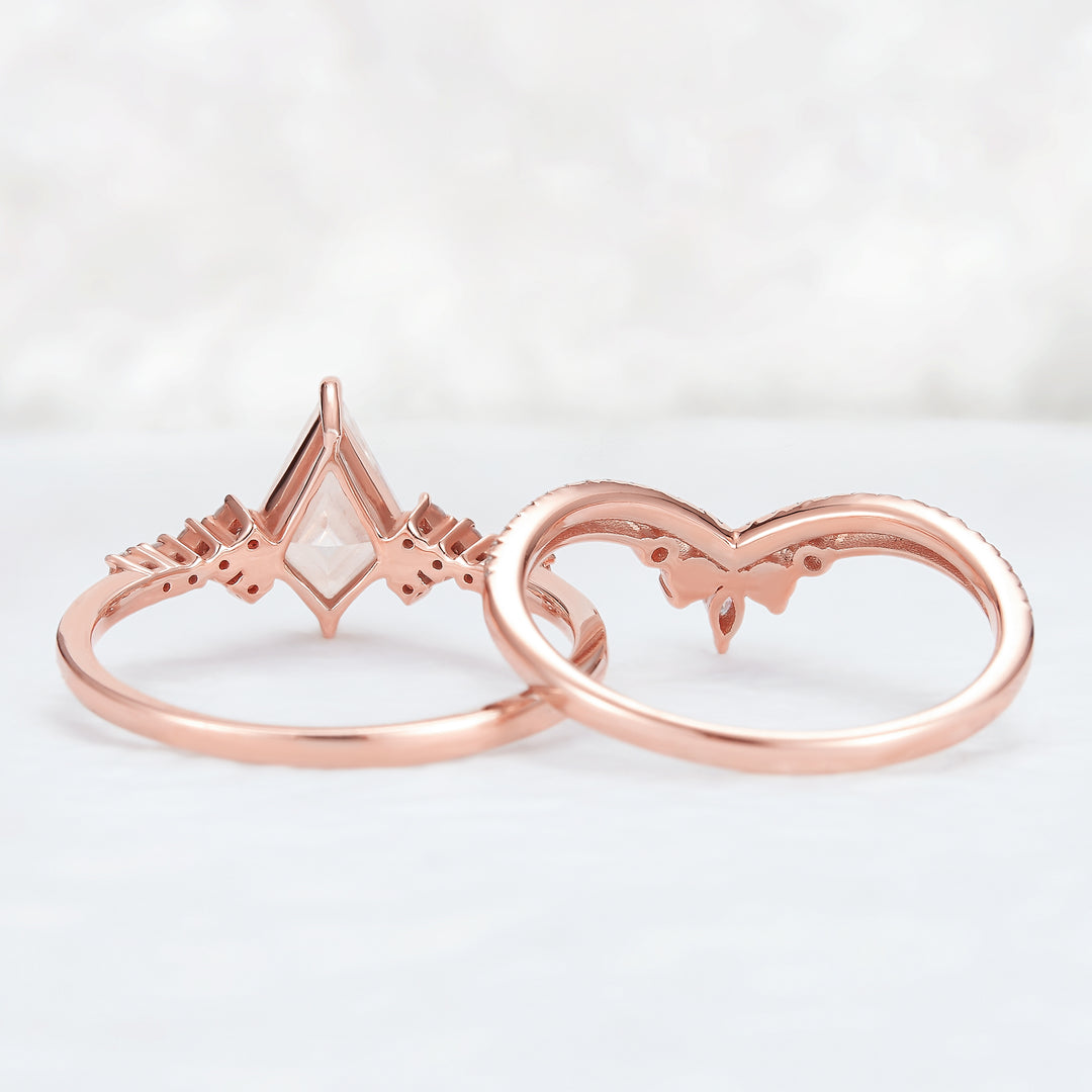 Unique Cut Kite Cut Moissanite Cluster Engagement Ring Set 2pcs