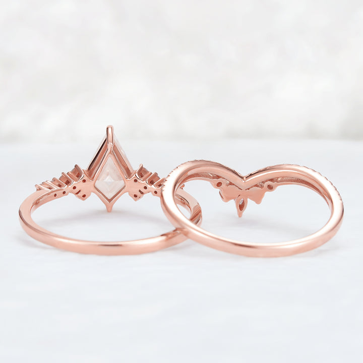 Unique Cut Kite Cut Moissanite Cluster Engagement Ring Set 2pcs