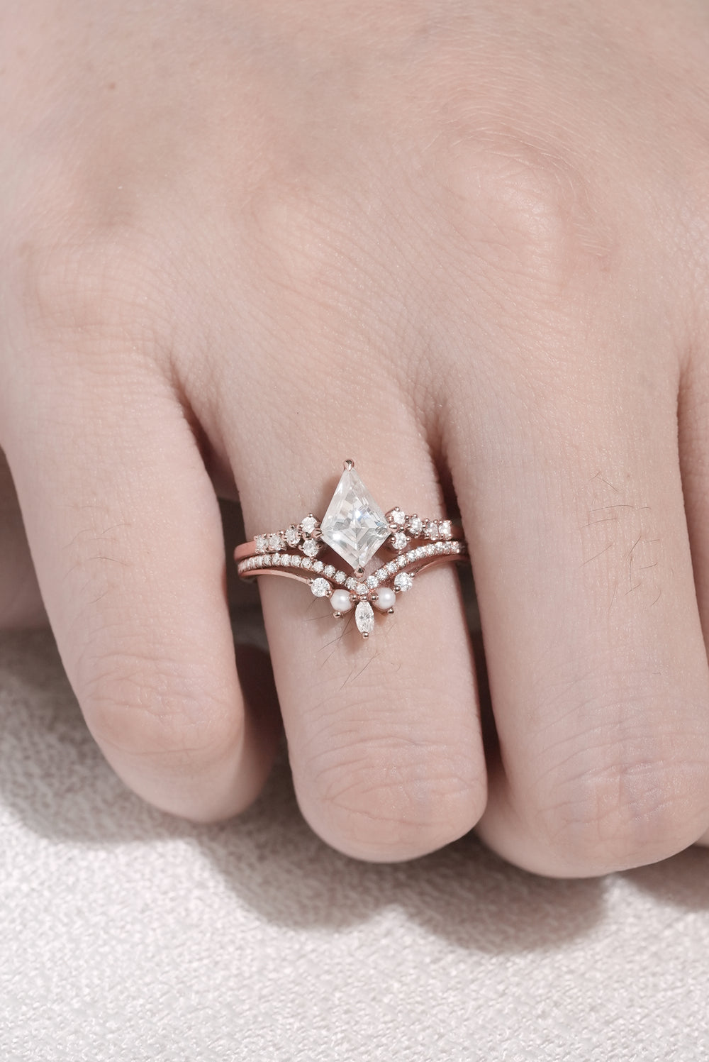 Unique Cut Kite Cut Moissanite Cluster Engagement Ring Set 2pcs