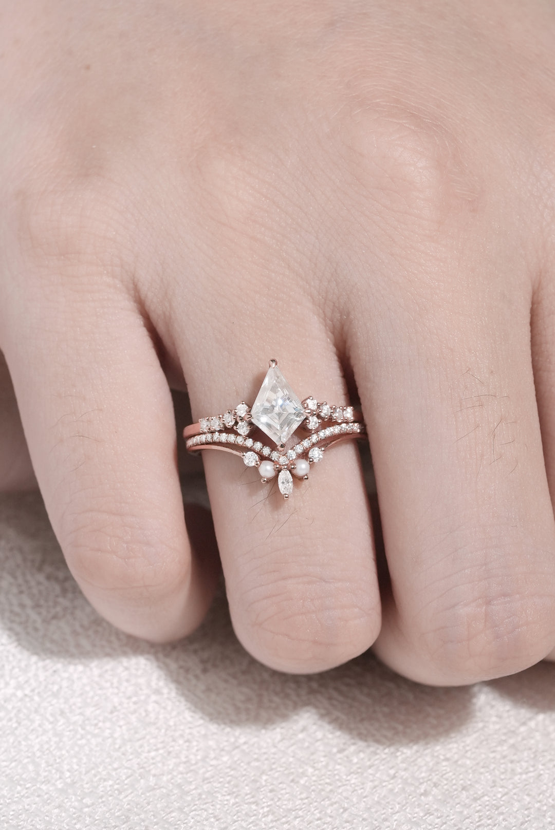 Unique Cut Kite Cut Moissanite Cluster Engagement Ring Set 2pcs