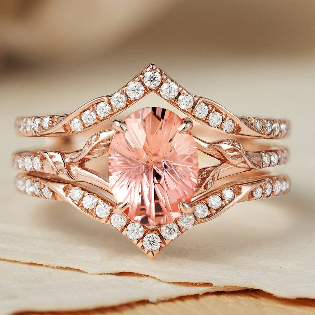 Unique Fireworks Cut Oval Pink Sapphire Enhancer Engagement Ring Set 2pcs