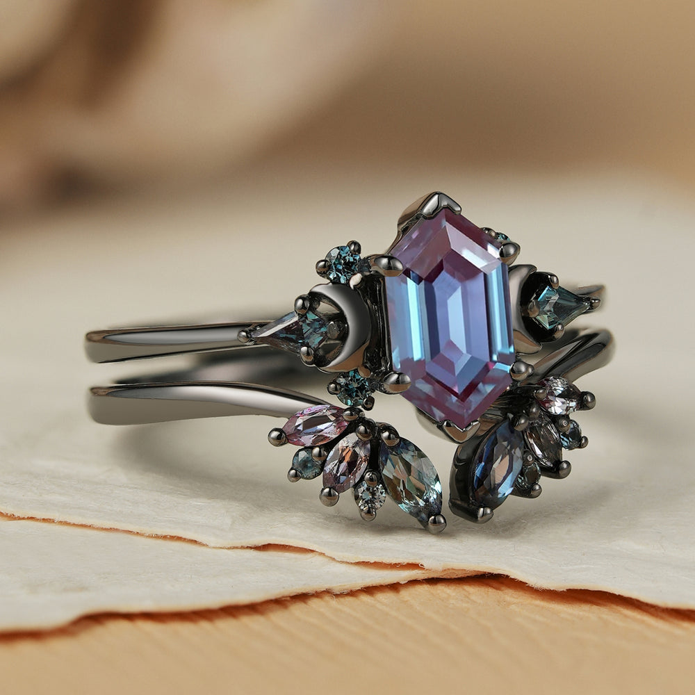 Unique Hexagon Cut Alexandrite Cluser Engagement Ring Set 2pcs-1
