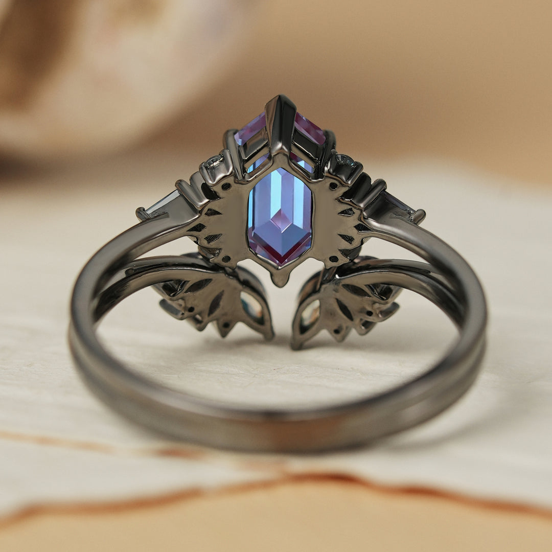 Unique Hexagon Cut Alexandrite Cluser Engagement Ring Set 2pcs-2