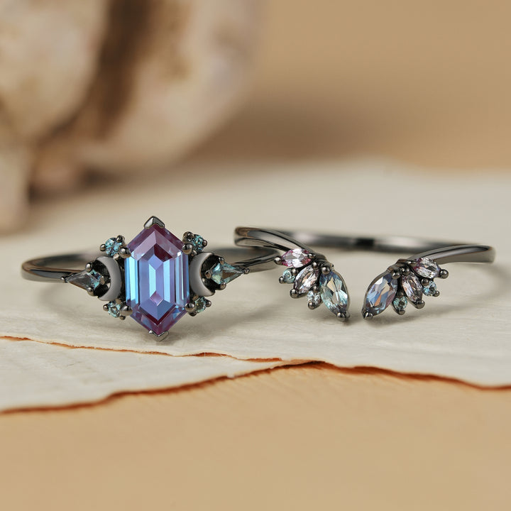 Unique Hexagon Cut Alexandrite Cluser Engagement Ring Set 2pcs-3