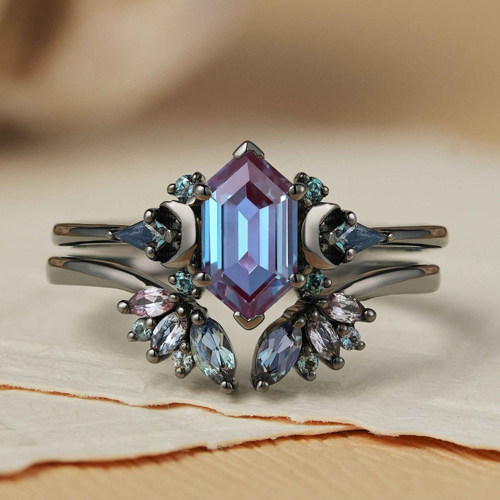 Clutser Hexagon Cut Alexandrite and Garnet Moon Ring Set 2pcs
