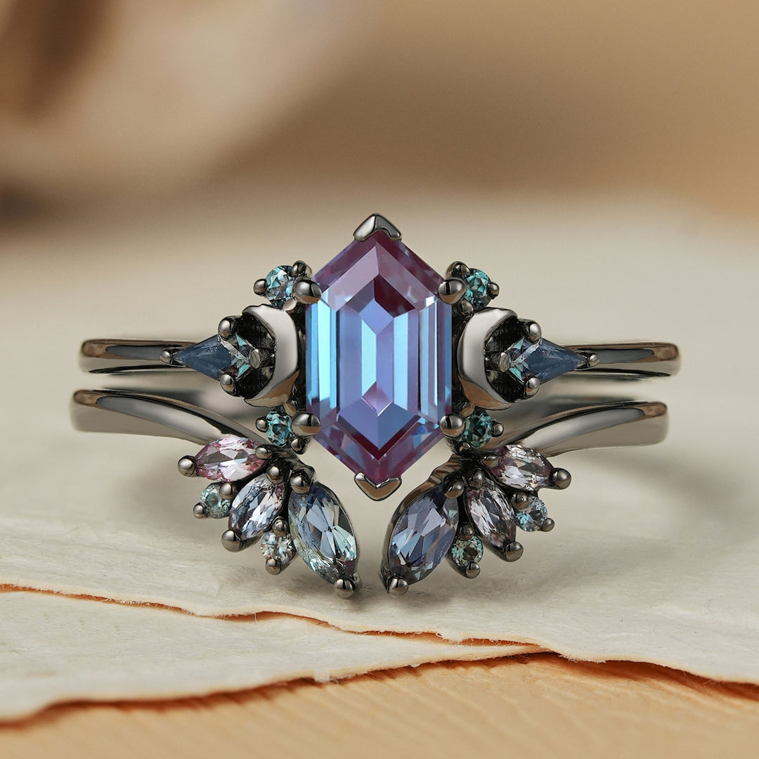 Unique Hexagon Cut Alexandrite Cluser Engagement Ring Set 2pcs