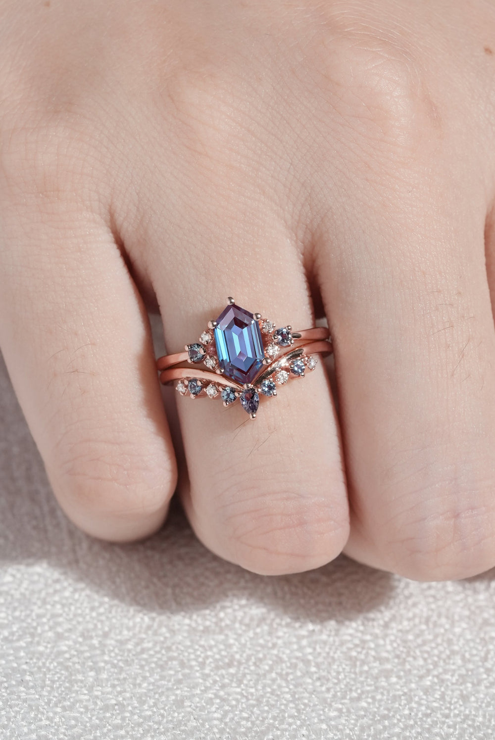 Unique Hexagon Cut Alexandrite Cluser Seven Stone Engagement Ring Set 2pcs-1