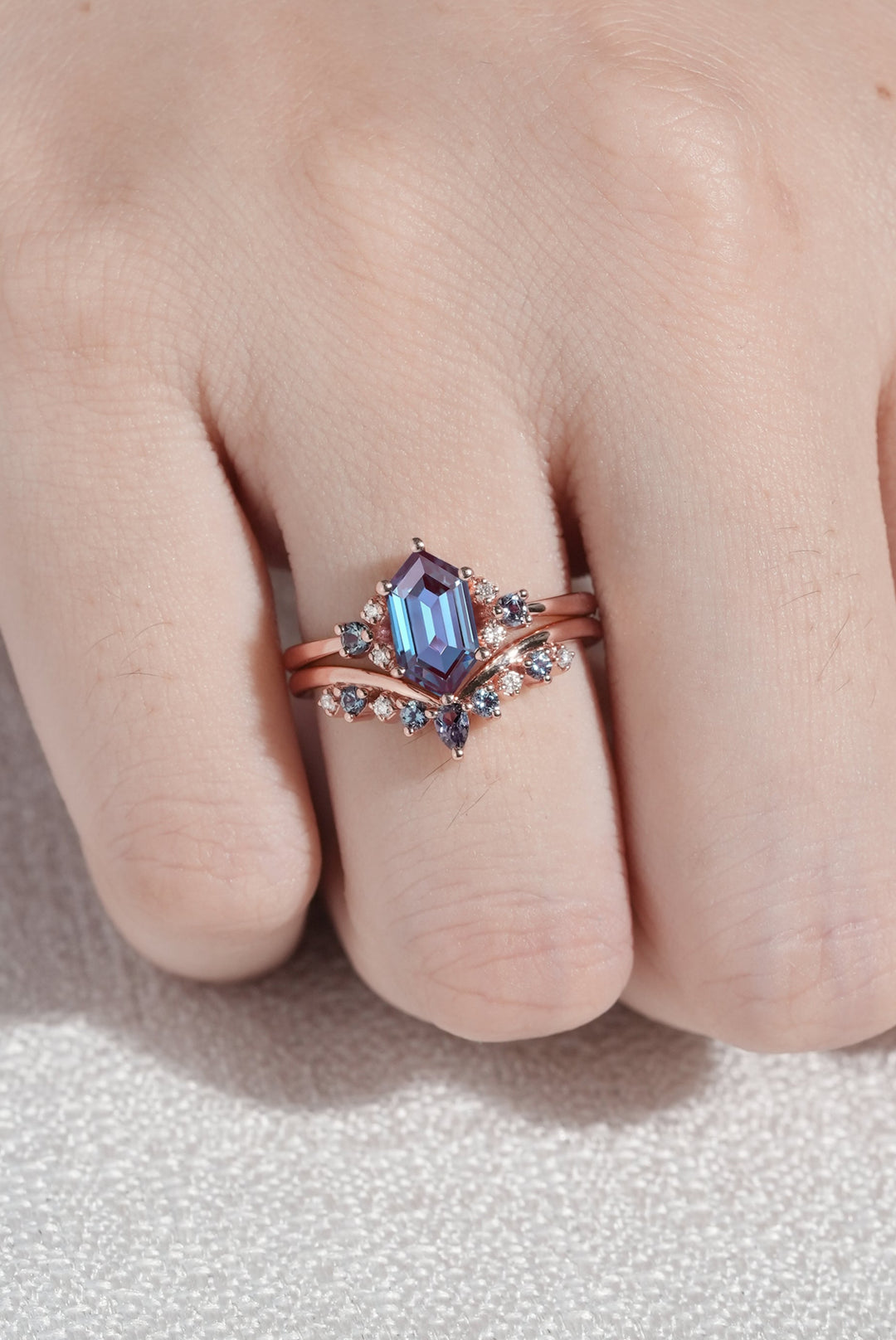 Unique Hexagon Cut Alexandrite Cluser Seven Stone Engagement Ring Set 2pcs-1