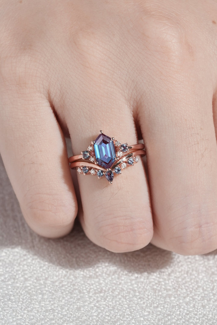 Unique Hexagon Cut Alexandrite Cluser Seven Stone Engagement Ring Set 2pcs-1