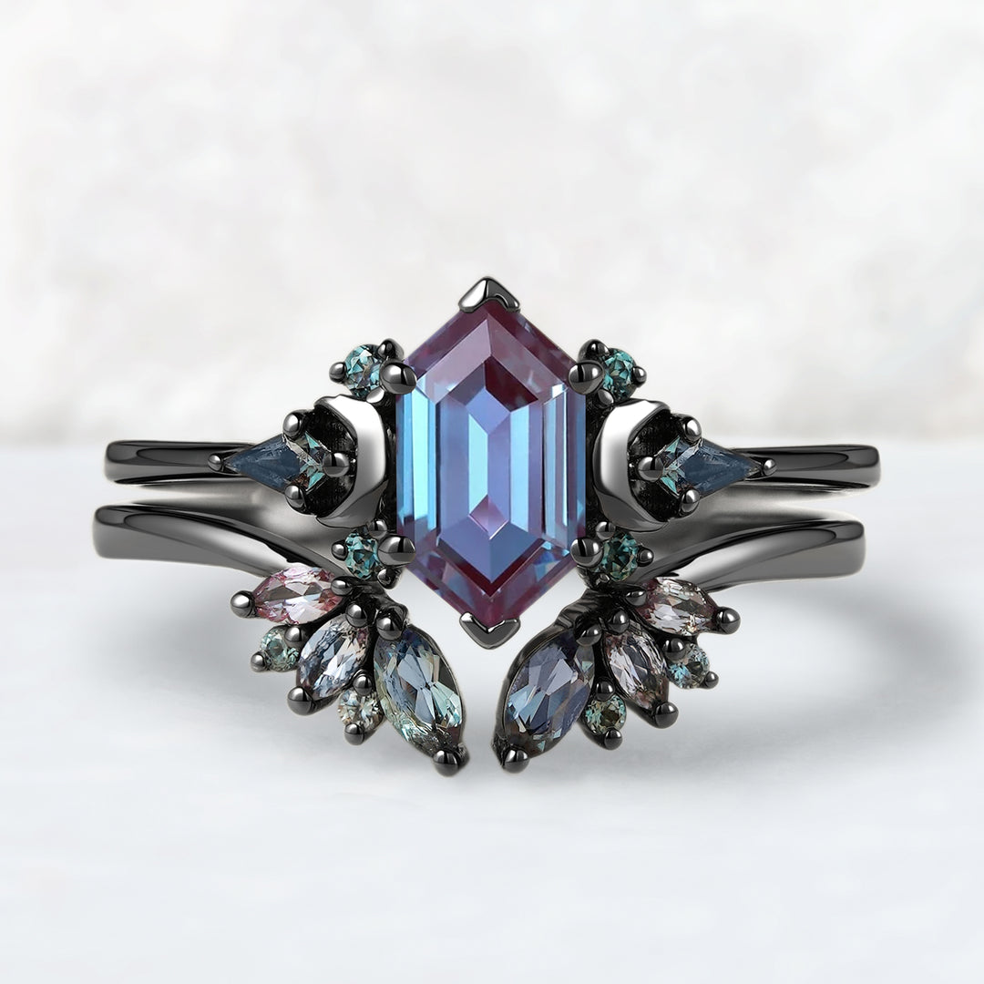 Unique Hexagon Cut Alexandrite Clutser Ring Set 2pcs