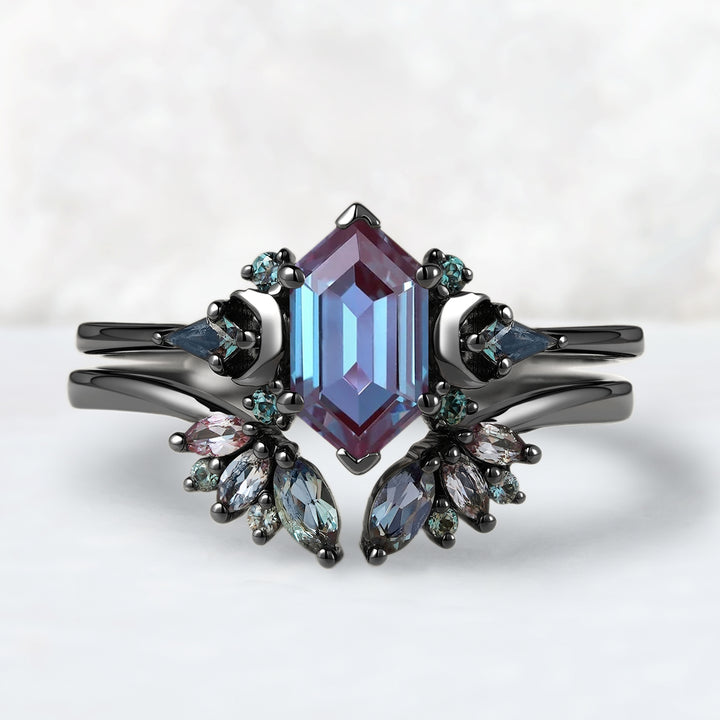 Unique Hexagon Cut Alexandrite Clutser Ring Set 2pcs