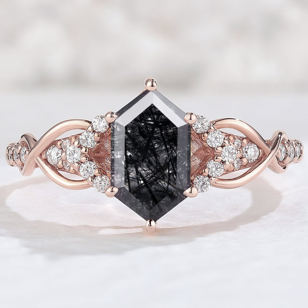 Unique Hexagon Cut Black Rutilated Quartz Vine Engagement Ring