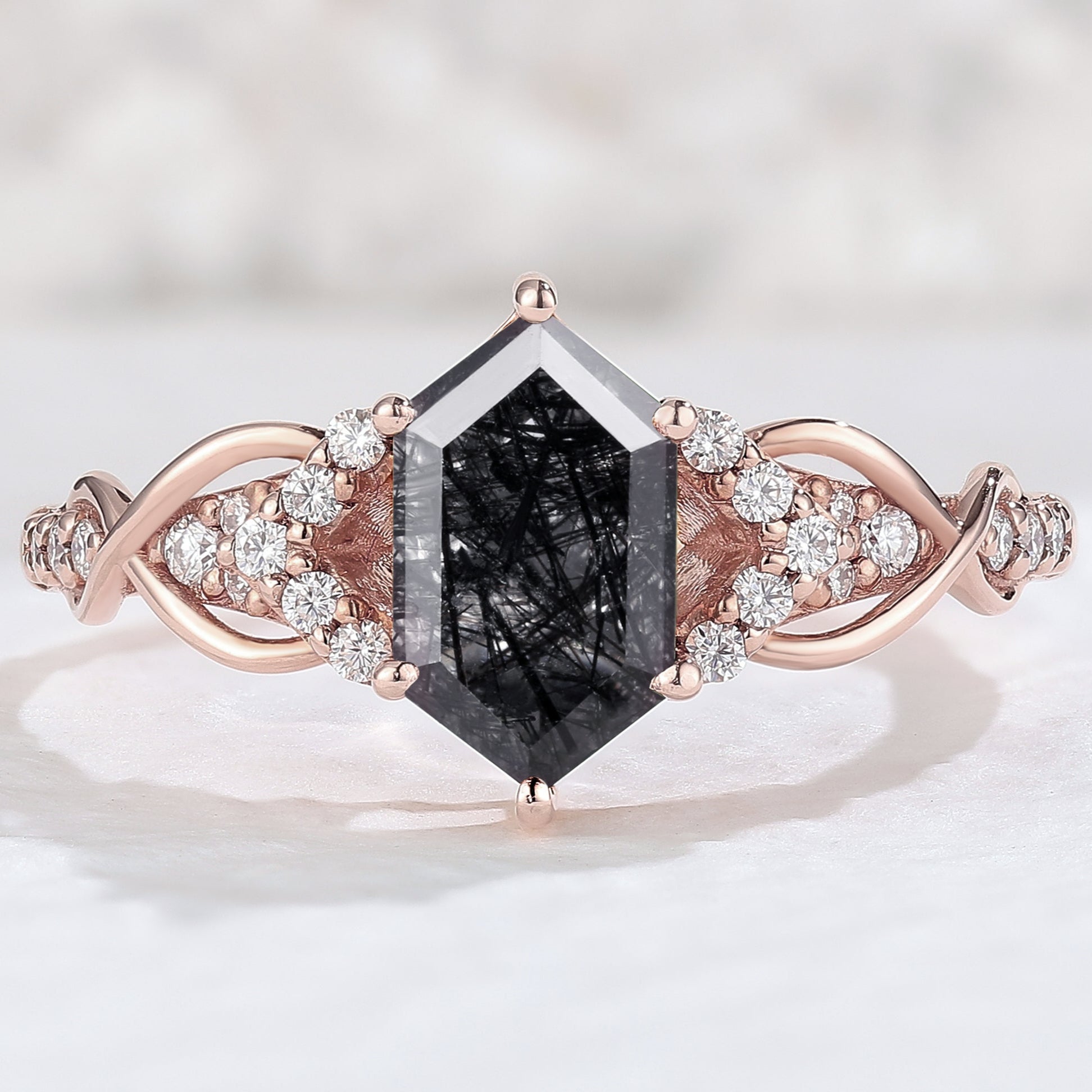 Unique Hexagon Cut Black Rutilated Quartz Vine Engagement Ring