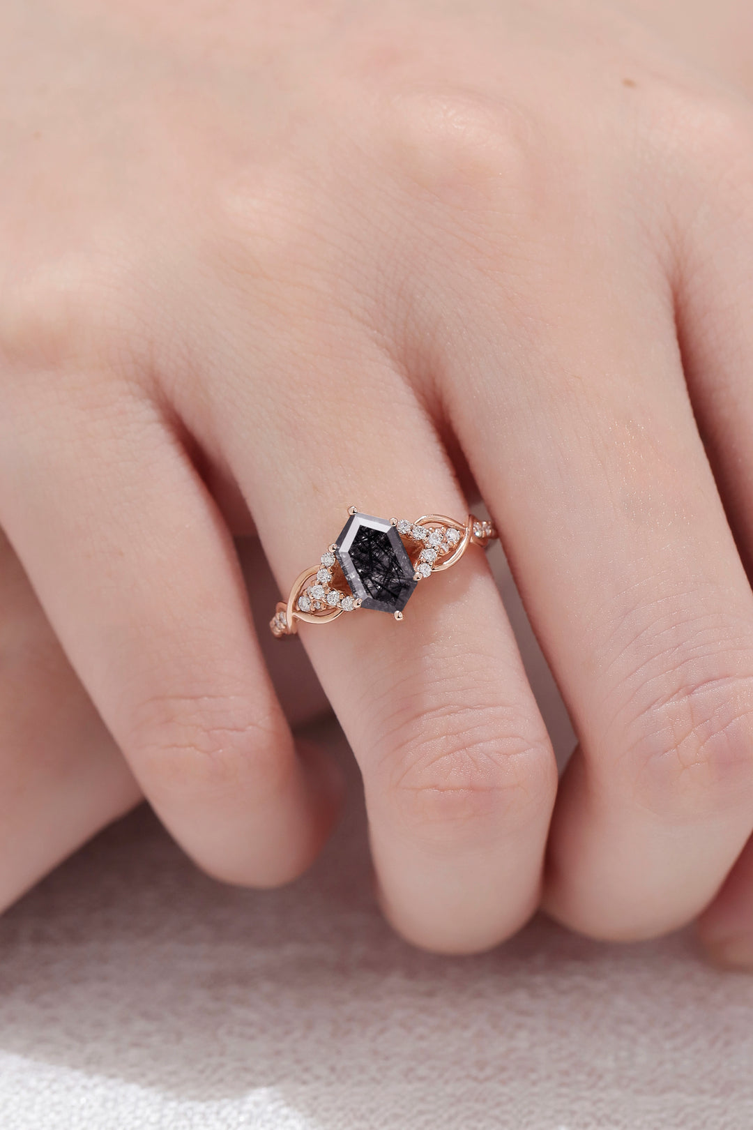 Unique Hexagon Cut Black Rutilated Quartz Vine Gemstone Ring