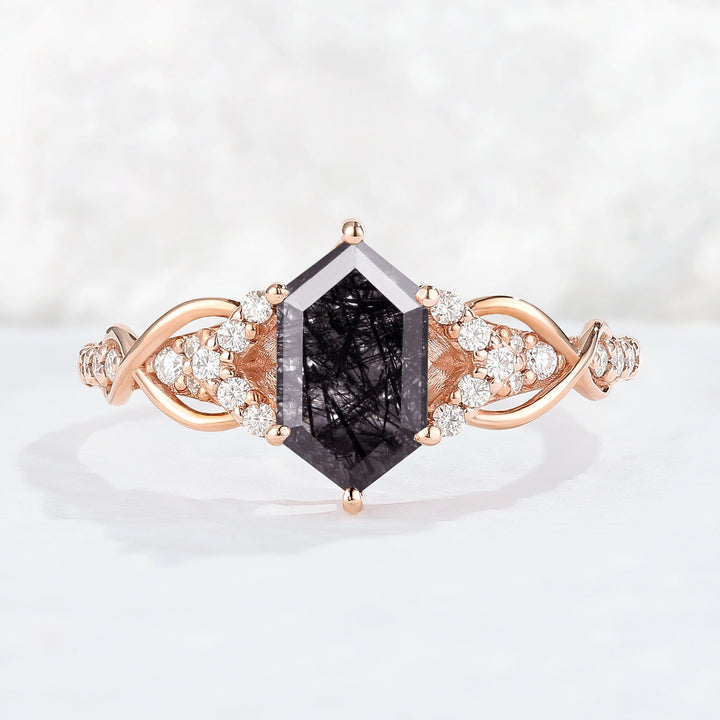 Unique Hexagon Cut Black Rutilated Quartz Vine Gemstone Ring