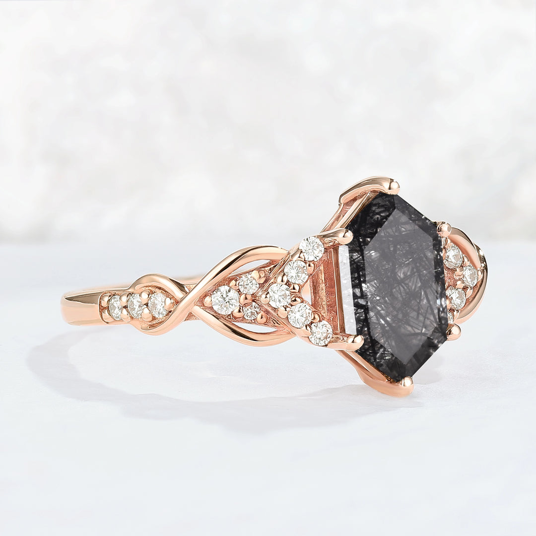 Unique Hexagon Cut Black Rutilated Quartz Vine Gemstone Ring