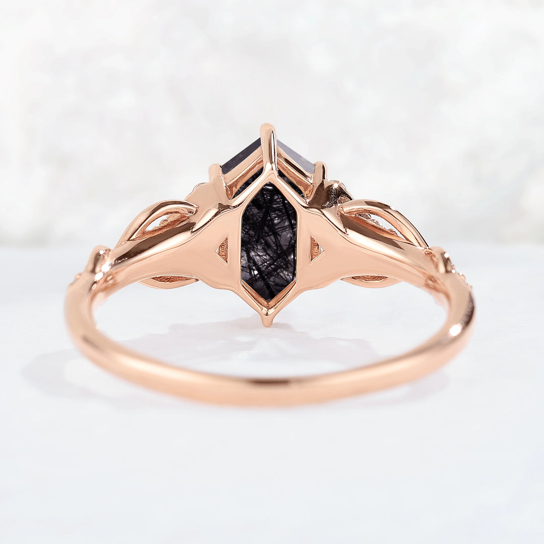 Unique Hexagon Cut Black Rutilated Quartz Vine Gemstone Ring