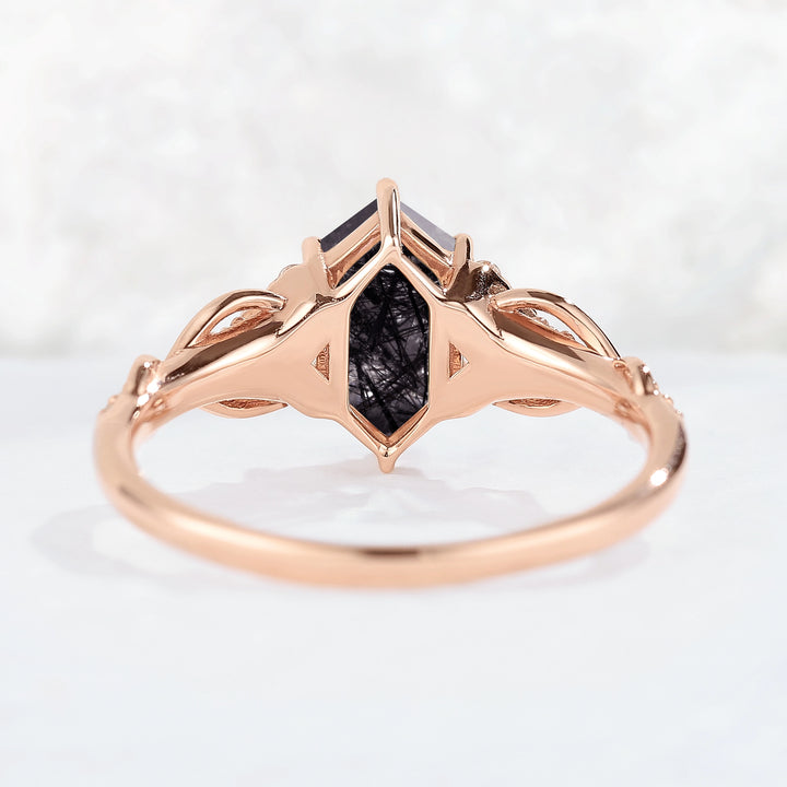 Unique Hexagon Cut Black Rutilated Quartz Vine Gemstone Ring
