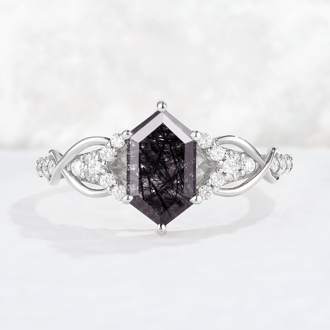 Unique Hexagon Cut Black Rutilated Quartz Vine Gemstone Ring