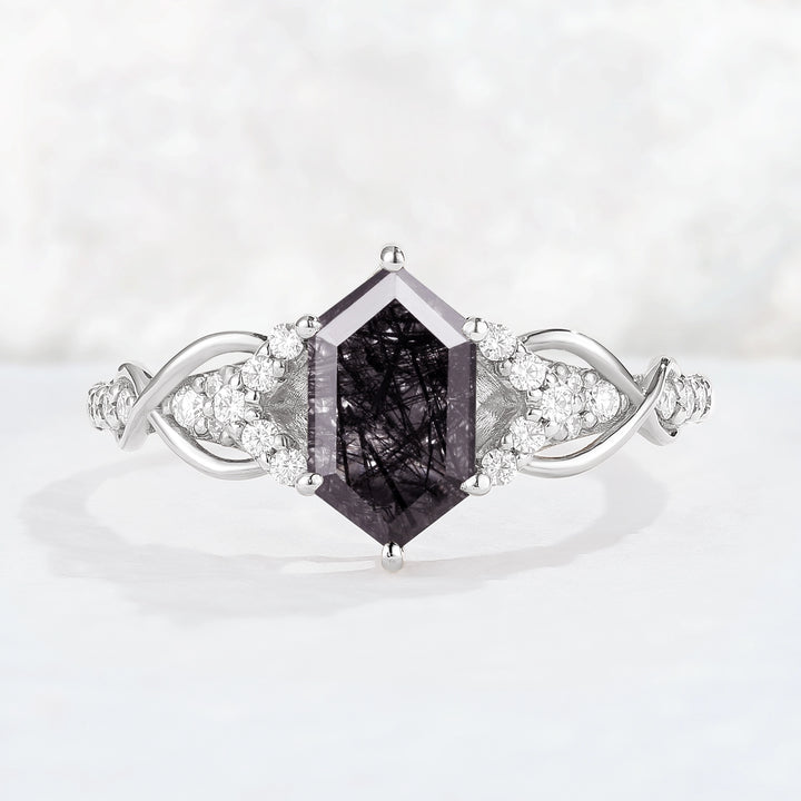 Unique Hexagon Cut Black Rutilated Quartz Vine Gemstone Ring