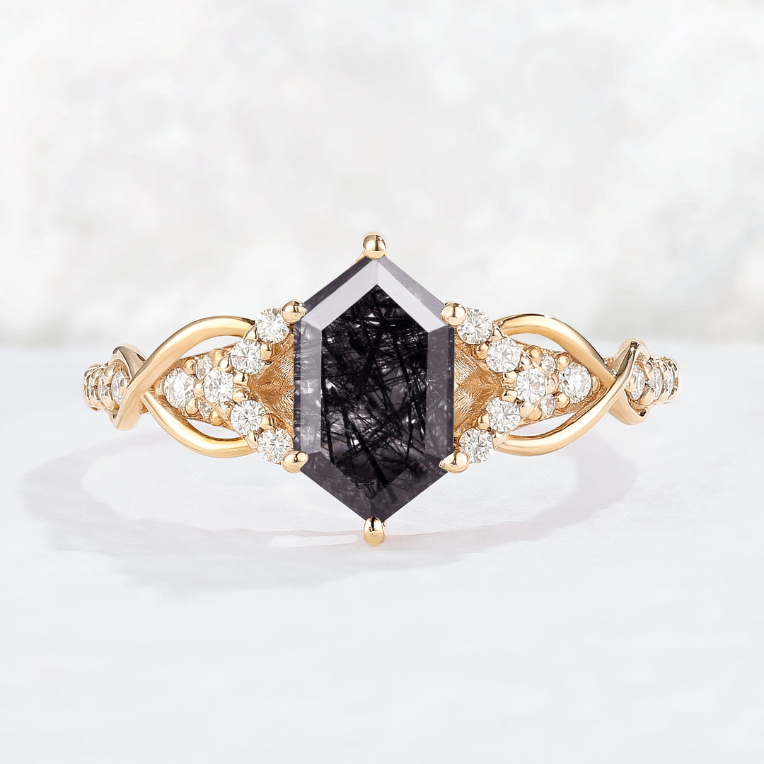 Unique Hexagon Cut Black Rutilated Quartz Vine Gemstone Ring