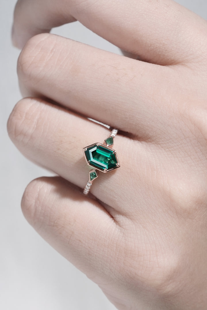 Unique Hexagon Cut Emerald Three Stone Half Eternity Engagement Ring - Iver Jewelry