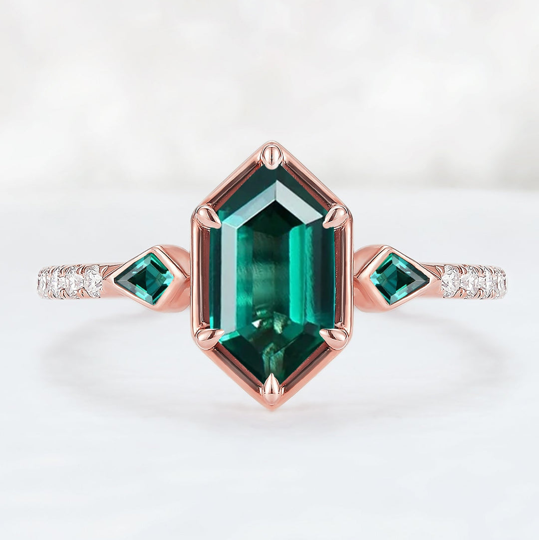 Unique Hexagon Cut Emerald Three Stone Half Eternity Engagement Ring